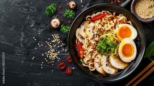 A bowl of ramen noodles with egg, mushrooms and vegetables on a black background