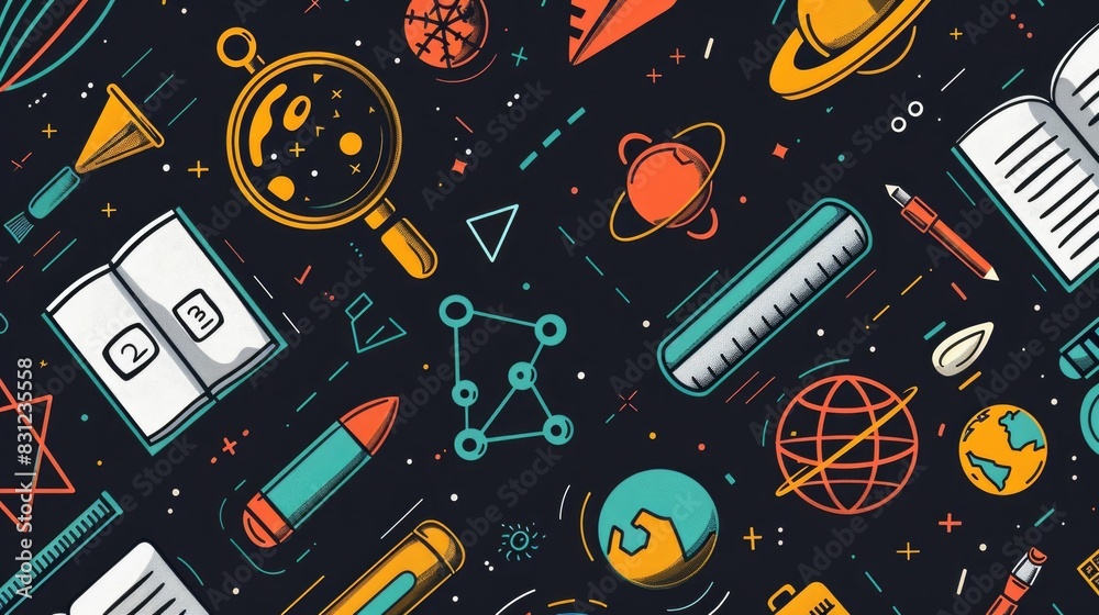 Vibrant Collection of School Subject Icons in a Cosmic Backdrop A Whimsical Depicting the Diverse Realms of Education from Math and Science to Art and History Set against a Starry Otherworldly Canvas