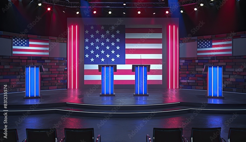 a image of a stage with a flag and chairs