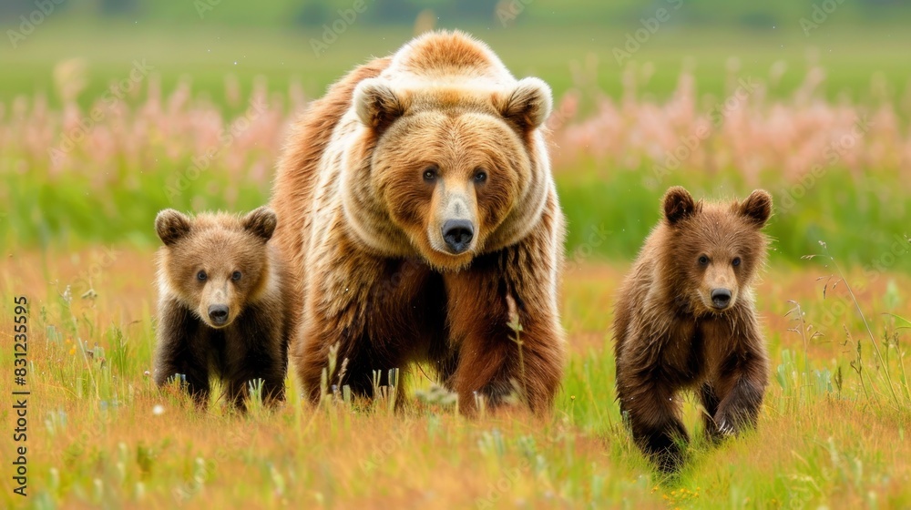 Fototapeta premium mother bear and cute baby bear, happy bear family,