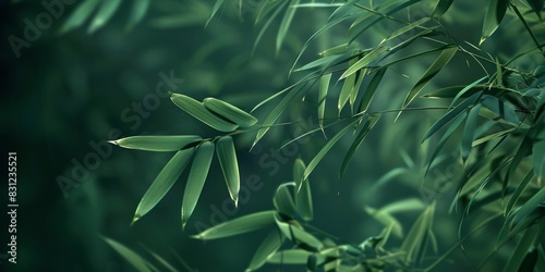 closeup of bamboo leaves swaying in the breeze on dark green blur background