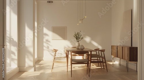 Minimalist dining room with a simple table, modern chairs, and minimal decor, emphasizing clean lines and open space for dining and entertaining