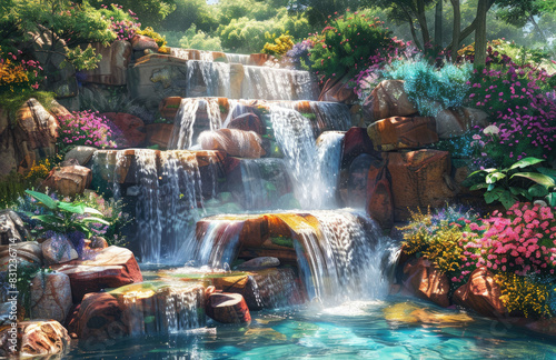 A beautiful waterfall cascades down the rocks, surrounded by lush greenery and colorful flowers. Craeted with Ai