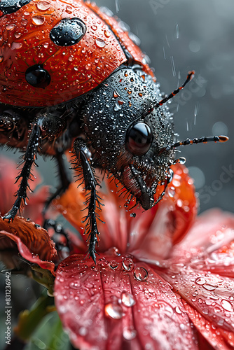 Macro photo of a wet red ladybug next to a flower under the raindrops.
 photo