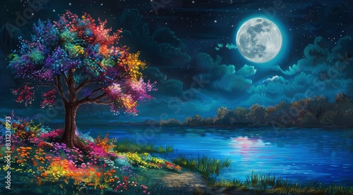 a colourful tree with vibrant flower on the grass at the side of river with the backgroud of full moon at night