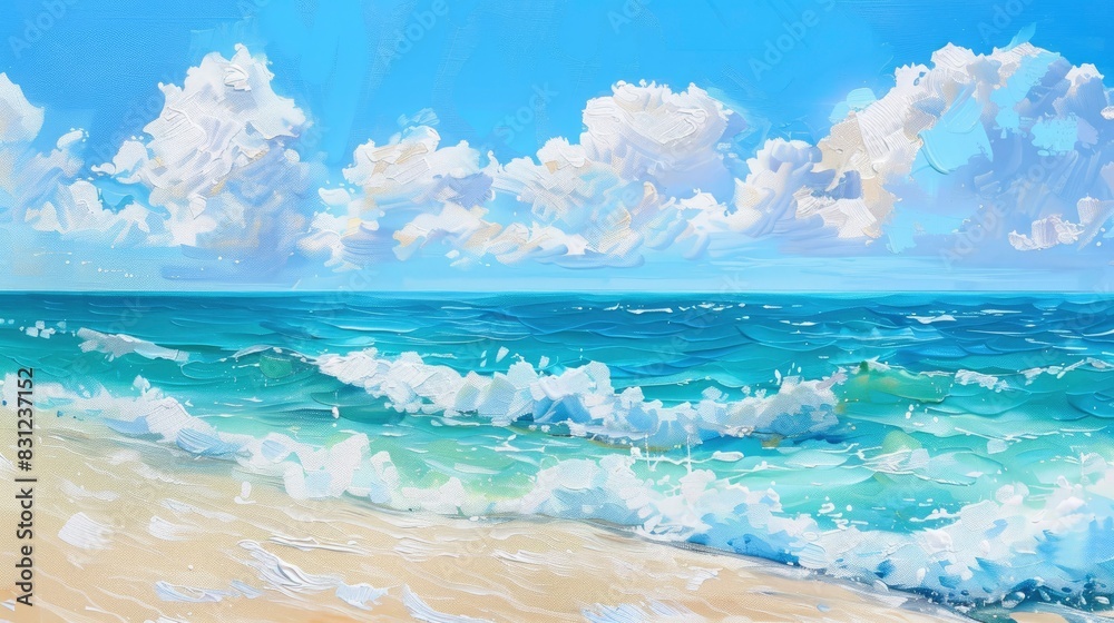 Obraz premium painting of a sea beach with turquoise water and white clouds