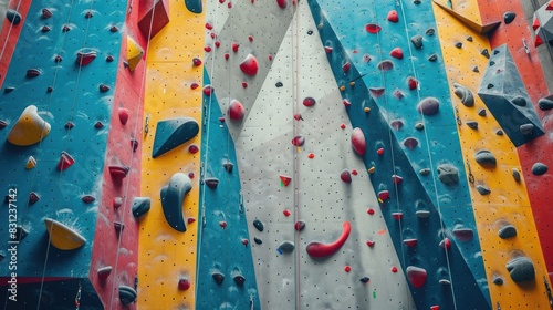 A rock climbing wall with colorful holds and ropes, challenging climbers to reach new heights in a vibrant indoor setting.