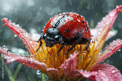 Macro photo of a wet red ladybug next to a flower under the raindrops.
 photo