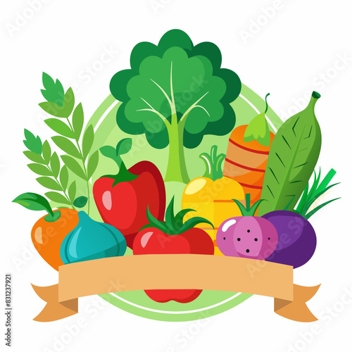  A round emblem featuring a variety of fresh vegetables such as tomatoes, peppers, and broccoli, with a beige banner at the bottom. Suitable for organic food promotions. Space on the banner for text.