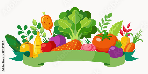 An assortment of fresh vegetables such as tomatoes, carrots, and broccoli, displayed on a green banner. This image promotes healthy eating and organic produce. Space on the banner for text.