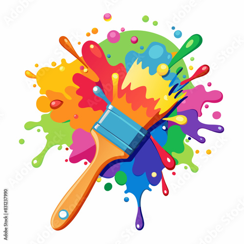 : An orange-handled paintbrush is depicted with its bristles covered in multiple colors, creating a vivid splash against a white background. The image showcases creativity and artistic expression.