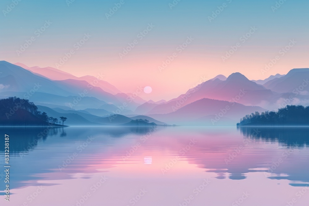 Tranquil lake at sunrise with mountains in the background. A serene and calming scene perfect for peaceful and nature-inspired themes.