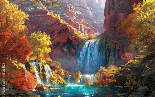A beautiful waterfall in the mountains  surrounded by colorful trees and rocks. Created with Ai