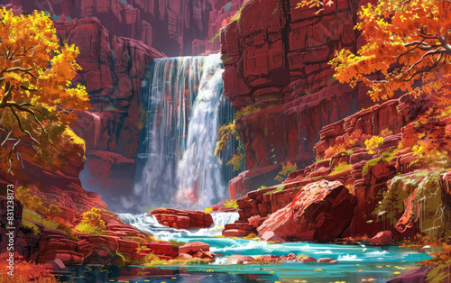 A breathtaking autumn landscape with vibrant red and orange foliage, cascading waterfalls, and serene blue lakes in the heart of an ancient canyon. Created with Ai photo