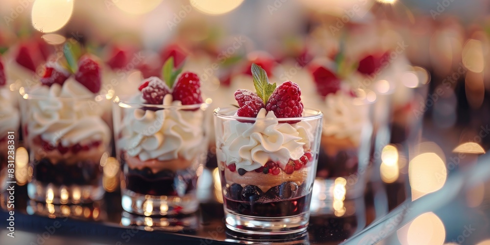 dessert in mini glass cup decorate with icing and fruits with blur background