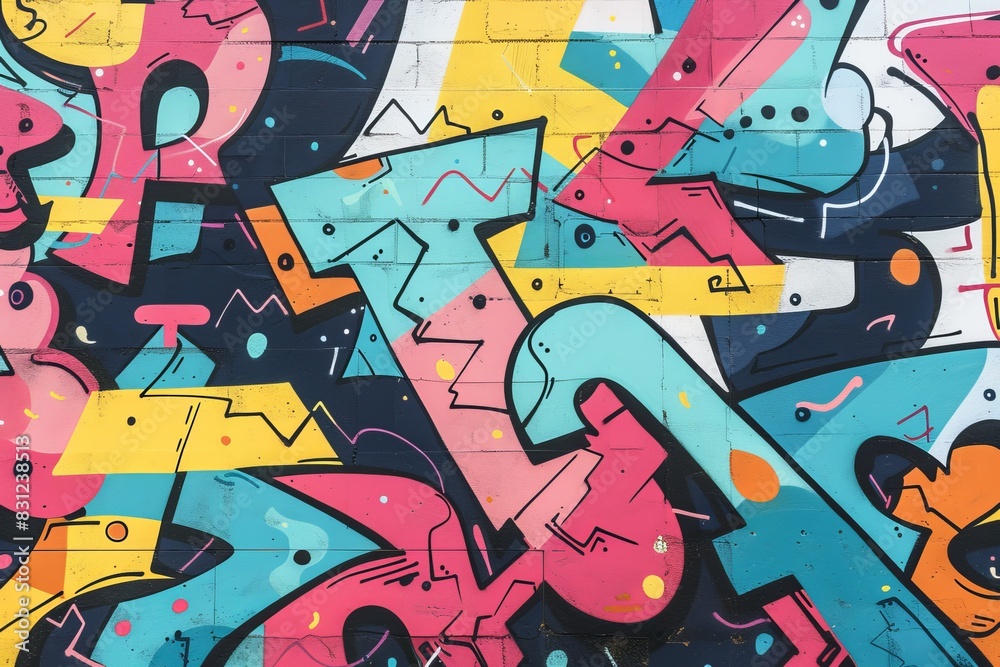 Naklejka premium Vibrant colorful graffiti art abstract shapes intricate patterns covering wall, showcasing urban street creativity.