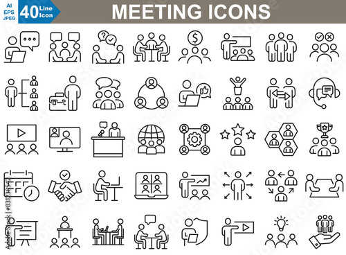 The meeting icons set includes sleek, modern symbols for schedules, video calls, agendas, and group discussions, ideal for business and communication tools.