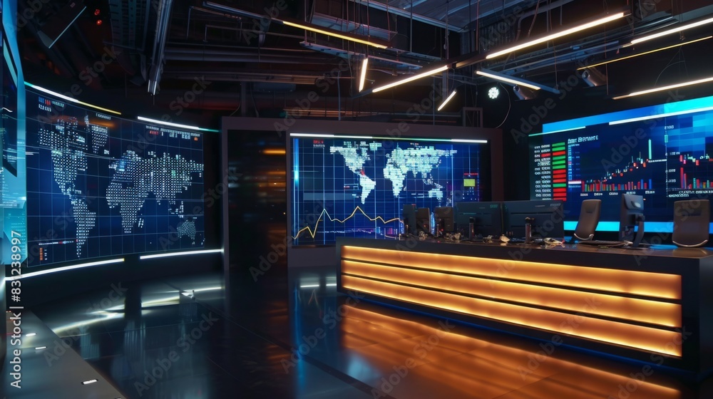 A news studio featuring a desk with two monitors for broadcasting and reporting current events. A news studio featuring a desk with two monitors for broadcasting and reporting current events.