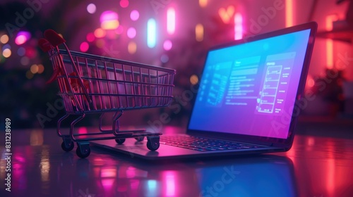 A shopping cart placed on a laptop with vibrant neon lights in the background, symbolizing online shopping and digital commerce.
 photo