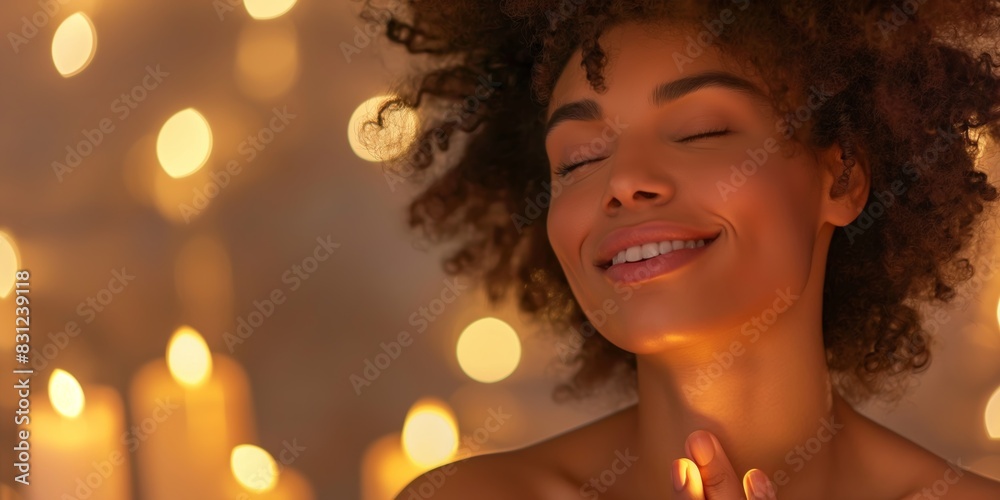 A serene woman with closed eyes smiling softly, surrounded by warm candlelight, evoking a sense of peace, relaxation, and contentment. A serene woman with closed eyes smiling softly, surrounded by warm candlelight, evoking a sense of peace, relaxation, and contentment.