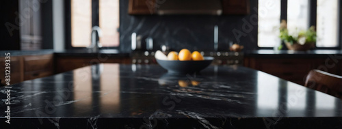 Contemporary dark marble table in a blurry kitchen setting  perfect for product displays or AI art.
