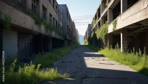 An overgrown, deserted street flanked by dilapidated buildings. Greenery has taken over, growing through cracks in the pavement and up the sides of the buildings. The scene evokes a post-apocalyptic