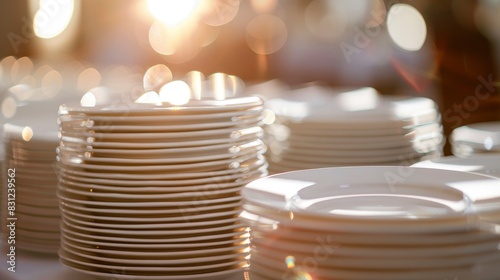 many white plates on the table, blurred background