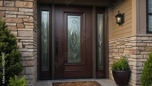 Contemporary fiberglass front entry door for modern homes, featuring a single door with one sidelite. photo