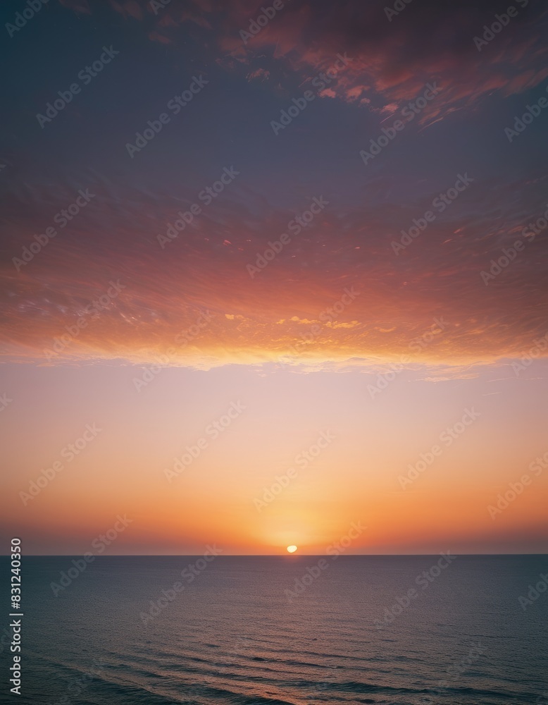 A serene ocean sunset, with a sun dipping below the horizon and vibrant twilight hues reflecting on calm waters.