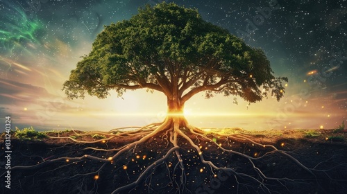 A tree with roots intertwined, symbolizing the interconnectedness of ideas.