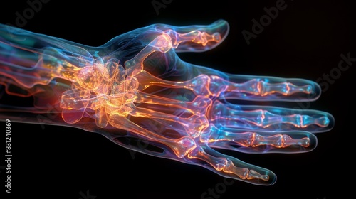 A detailed, colorful X-ray image of a human hand showcasing bones and joints against a black background, perfect for medical and educational purposes. photo
