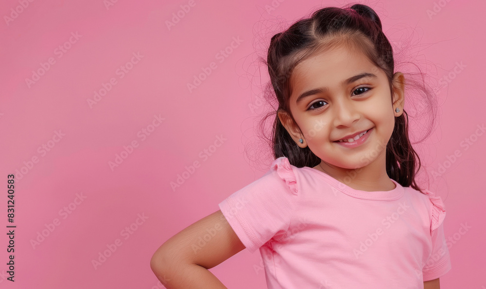 Cute indian little girl standing on pink background Cute indian little girl standing on pink background