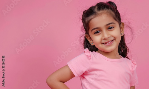 Cute indian little girl standing on pink background