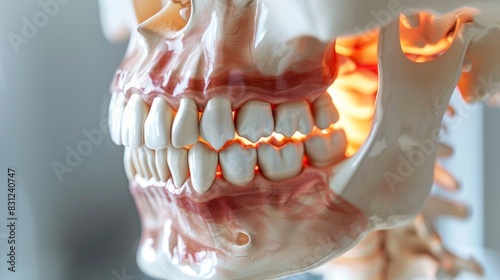 Close-up of a human skull model showing teeth and jawbone structure, highlighting anatomical details for educational and medical purposes. photo