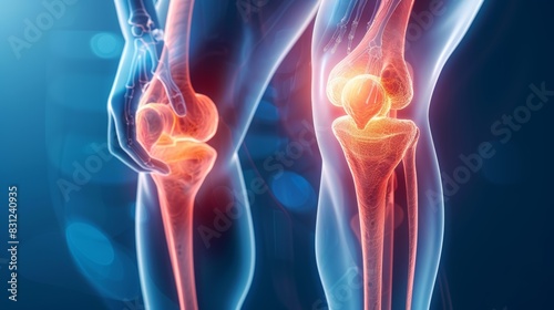 3D illustration of inflamed knee joints, highlighting pain and inflammation, ideal for medical and health-related content.