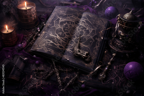 Ancient Spellbook with Skull Decor, Dark Fantasy, Candlelit Scene
