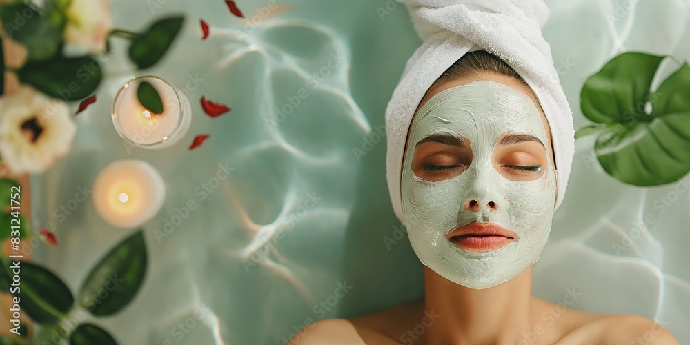 A serene woman lays with her eyes closed enjoying a calming facial mask. The background is a soft, warm spa-like environment with light, relaxing decor elements. A serene woman lays with her eyes closed enjoying a calming facial mask. The background is a soft, warm spa-like environment with light, relaxing decor elements.
