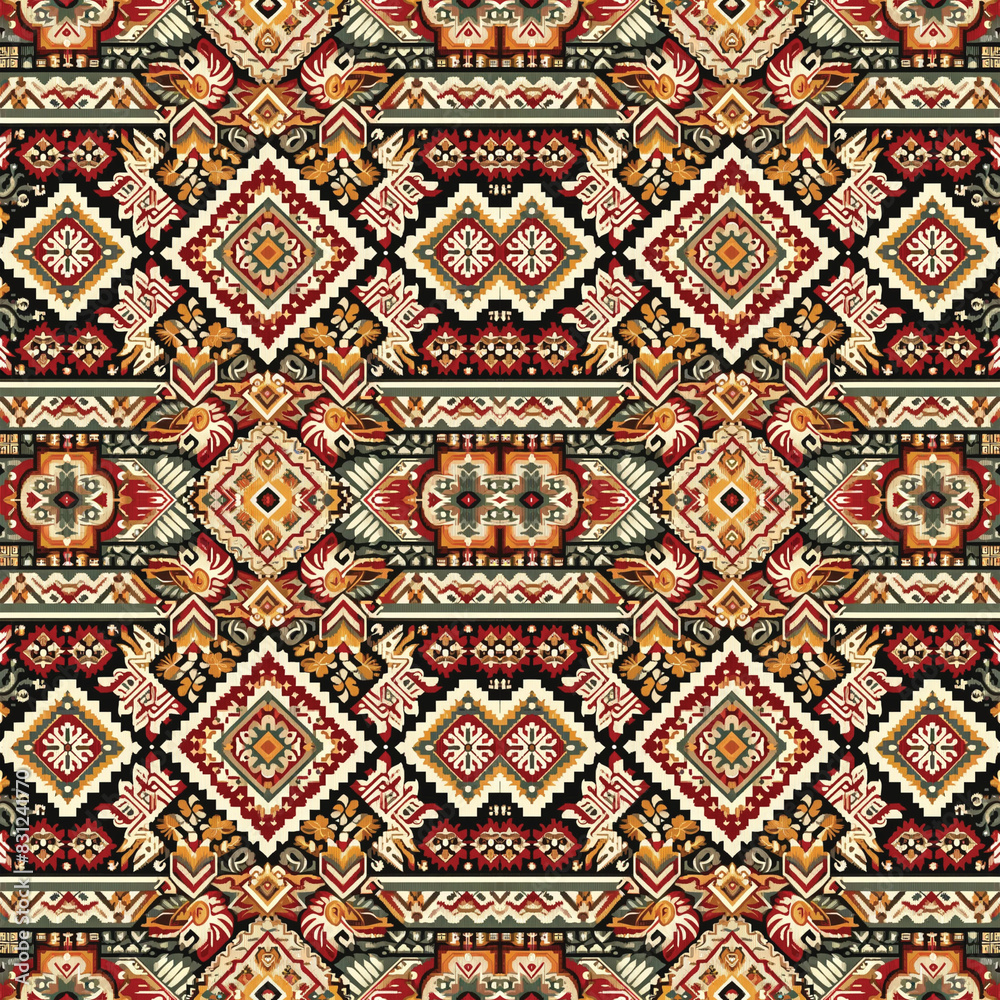 seamless Ikat pattern inspired by indigenous Peruvian culture, suitable for fabric and decorative textiles.	
