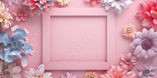 A square frame with an empty space for text, surrounded by flowers in pastel colors on pink background.