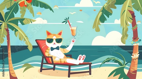 summer illustration with a cat in a chaise longue on the beach. He's wearing a bow tie and sunglasses. He holds a cocktail glass in one paw. There are palm trees and the sea around it photo