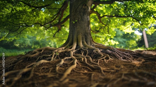 A tree with roots spreading wide, symbolizing the breadth of thought.
