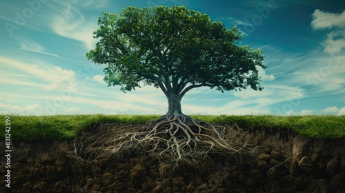 A tree with roots visible  symbolizing the grounding of thought.