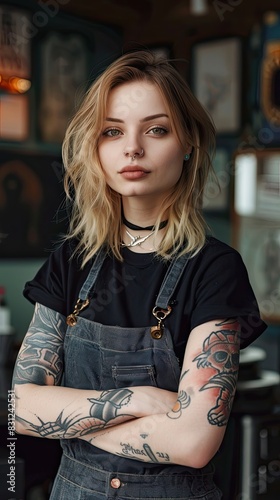 A woman displaying tattoos stands confidently with her arms crossed