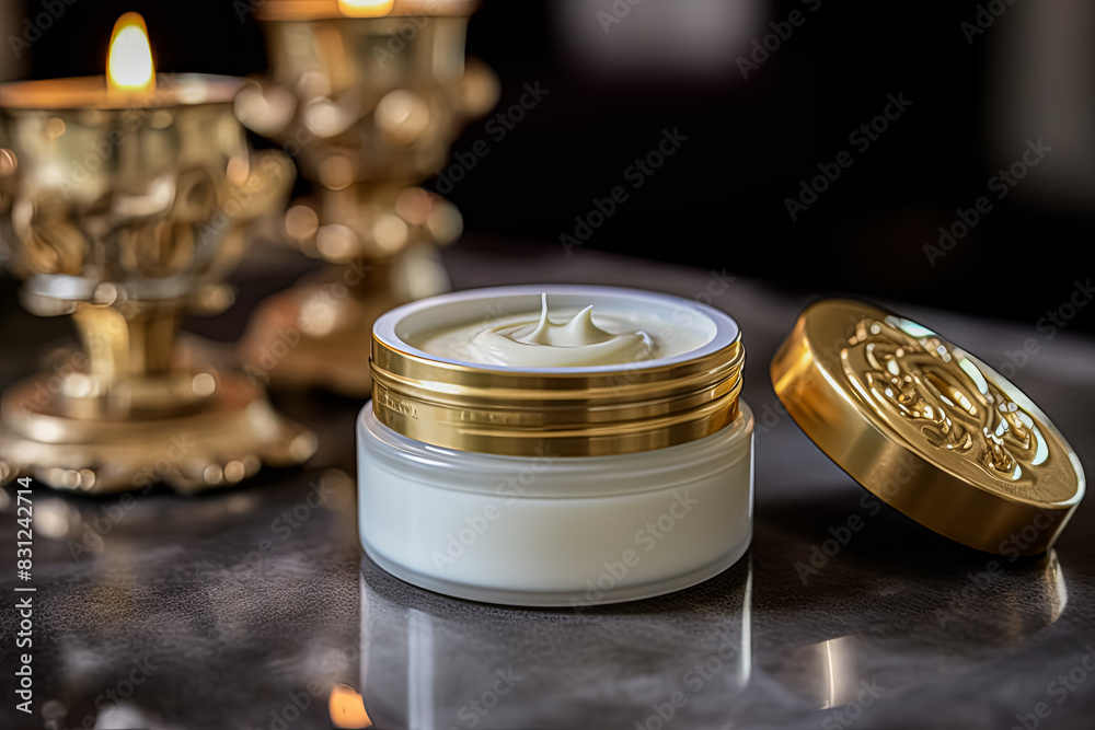 A jar of lotion sits on a wooden surface. A jar of lotion sits on a wooden surface.