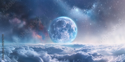 Earth in space is surrounded by clouds and fog  with a blue moon