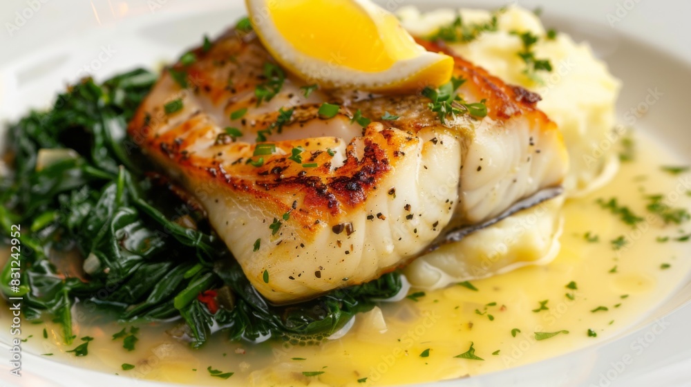 Pan-seared sea bass steak with a lemon caper sauce, served with spinach and garlic mashed potatoes, showcasing elegant seafood cuisine Pan-seared sea bass steak with a lemon caper sauce, served with spinach and garlic mashed potatoes, showcasing elegant seafood cuisine