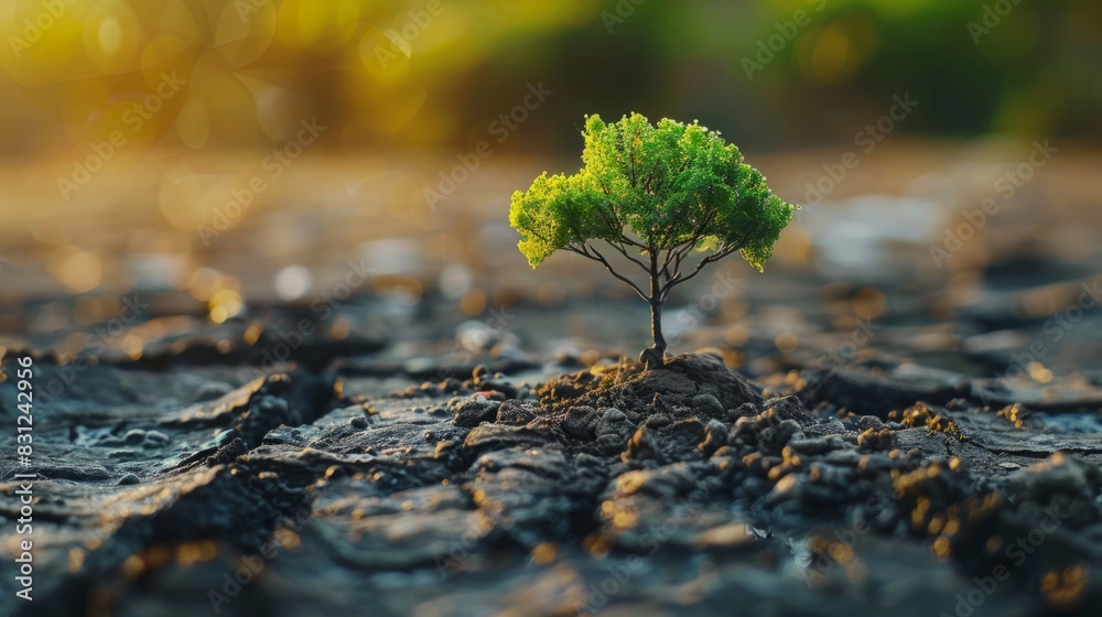 A small tree emerging from the earth, showcasing the growth and development of nature in its early stages. A small tree emerging from the earth, showcasing the growth and development of nature in its early stages.