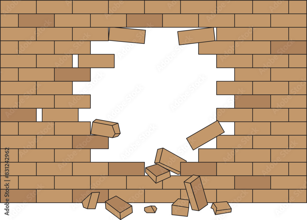 Broken wall with hole. Transparent wall break illustration