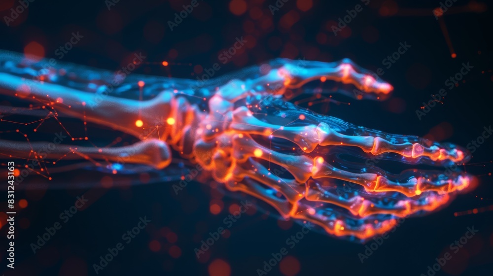 Futuristic 3D rendering of a human hand with glowing neural connections, representing advanced technology and artificial intelligence. Futuristic 3D rendering of a human hand with glowing neural connections, representing advanced technology and artificial intelligence.