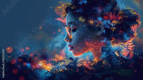 A stunning digital surreal portrait of a woman with glasses  featuring vibrant colors and a dreamy  ethereal atmosphere.